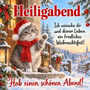 Katze mit Mütze und Schal winkt auf einer verschneiten Treppe, Text: Heiligabend – Ich wünsche dir und deinen Lieben ein friedliches Weihnachtsfest! Hab einen schönen Abend!