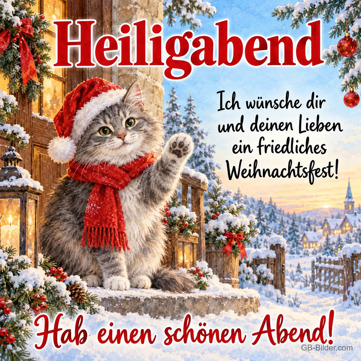 Katze mit Mütze und Schal winkt auf einer verschneiten Treppe, Text: Heiligabend – Ich wünsche dir und deinen Lieben ein friedliches Weihnachtsfest! Hab einen schönen Abend! Katze mit Mütze und Schal winkt auf einer verschneiten Treppe, Text: Heiligabend – Ich wünsche dir und deinen Lieben ein friedliches Weihnachtsfest! Hab einen schönen Abend!