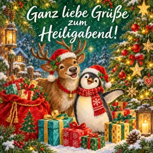 Rentier und Pinguin mit Weihnachtsmützen zwischen Geschenken am Tannenbaum, Text: Ganz liebe Grüße – zum Heiligabend!