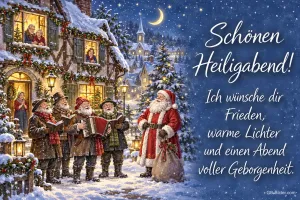 Weihnachtssänger und Weihnachtsmann vor einem verschneiten Haus, Text: Schönen Heiligabend! – Ich wünsche dir Frieden, warme Lichter und einen Abend voller Geborgenheit.