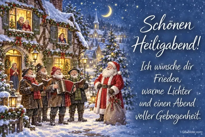 Weihnachtssänger und Weihnachtsmann vor einem verschneiten Haus, Text: Schönen Heiligabend! – Ich wünsche dir Frieden, warme Lichter und einen Abend voller Geborgenheit. Weihnachtssänger und Weihnachtsmann vor einem verschneiten Haus, Text: Schönen Heiligabend! – Ich wünsche dir Frieden, warme Lichter und einen Abend voller Geborgenheit.