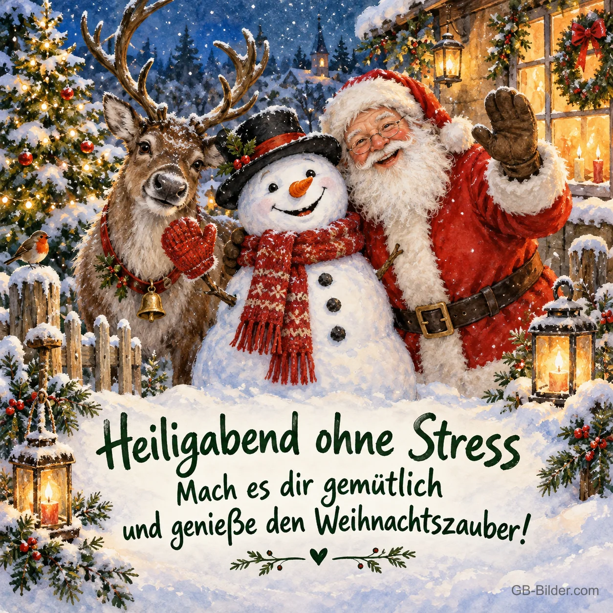 Weihnachtsmann, Schneemann und Rentier winken vor einem Haus im Schnee, Text: Heiligabend ohne Stress – Mach es dir gemütlich und genieße den Weihnachtszauber! Weihnachtsmann, Schneemann und Rentier winken vor einem Haus im Schnee, Text: Heiligabend ohne Stress – Mach es dir gemütlich und genieße den Weihnachtszauber!