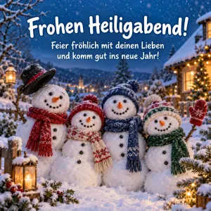 Vier Schneemänner mit Mützen und Schals vor einem Winterdorf, Text: Frohen Heiligabend! – Feier fröhlich mit deinen Lieben und komm gut ins neue Jahr!
