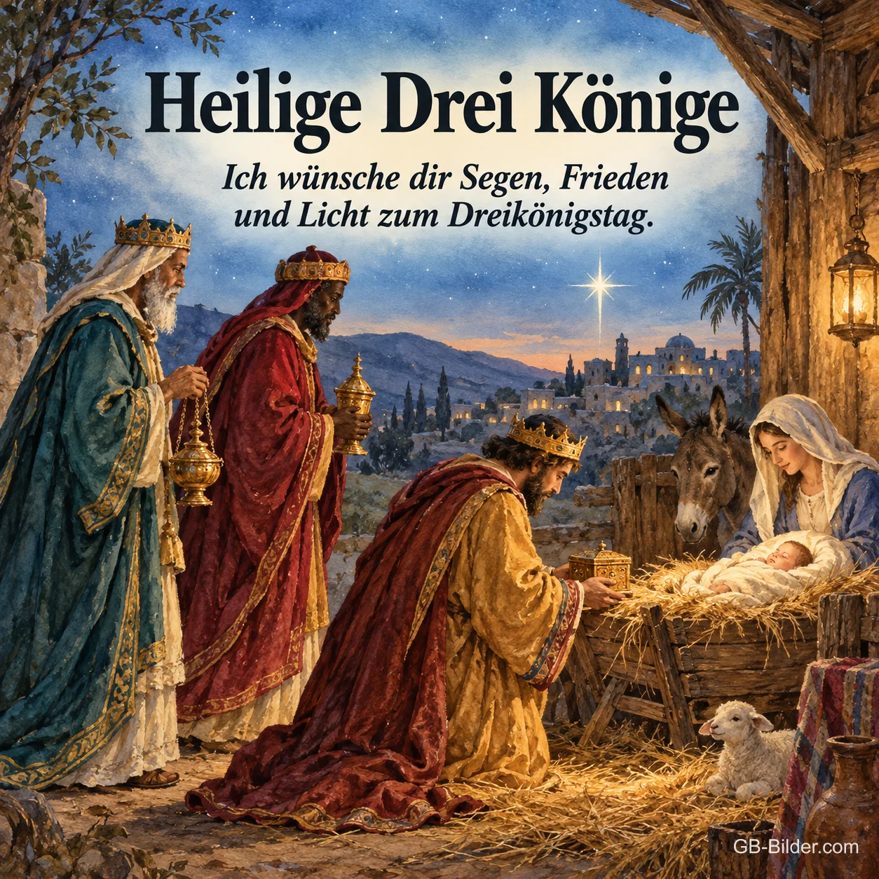 Heilige Drei Könige an der Krippe unter dem Stern, Text: Ich wünsche dir Segen, Frieden und Licht zum Dreikönigstag.