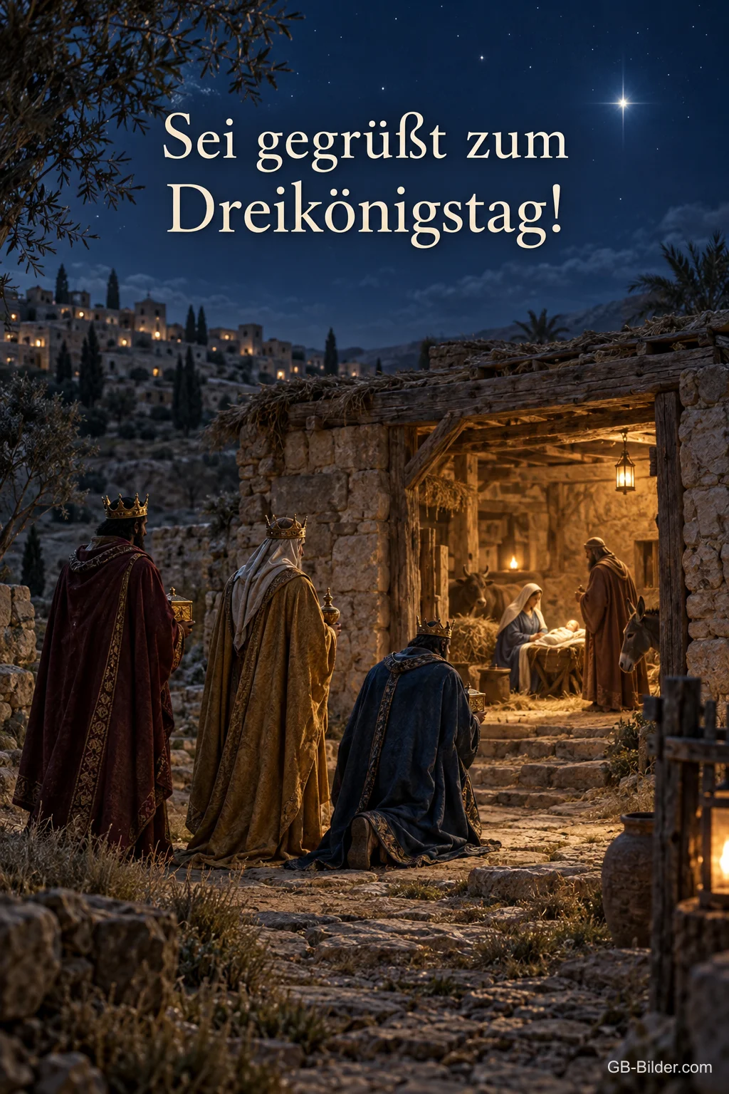 Heilige Drei Könige vor dem Stall bei Nacht, Text: Sei gegrüßt zum Dreikönigstag!