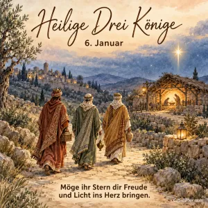 Heilige Drei Könige auf dem Weg nach Bethlehem, Text: Möge ihr Stern dir Freude und Licht ins Herz bringen.