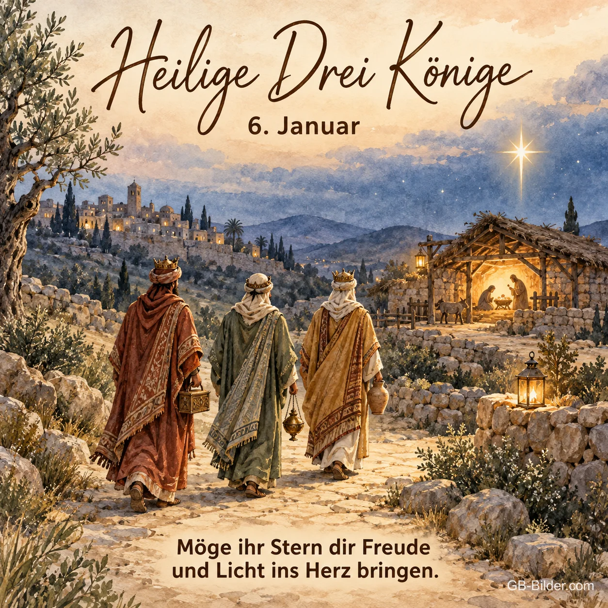 Heilige Drei Könige auf dem Weg nach Bethlehem, Text: Möge ihr Stern dir Freude und Licht ins Herz bringen.