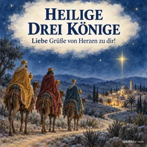 Heilige Drei Könige auf Kamelen unter dem Stern, Text: Liebe Grüße von Herzen zu dir!