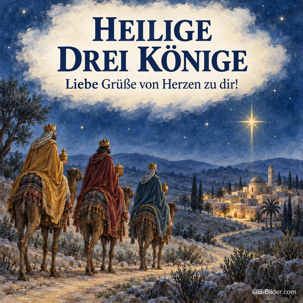 Heilige Drei Könige auf Kamelen unter dem Stern, Text: Liebe Grüße von Herzen zu dir!