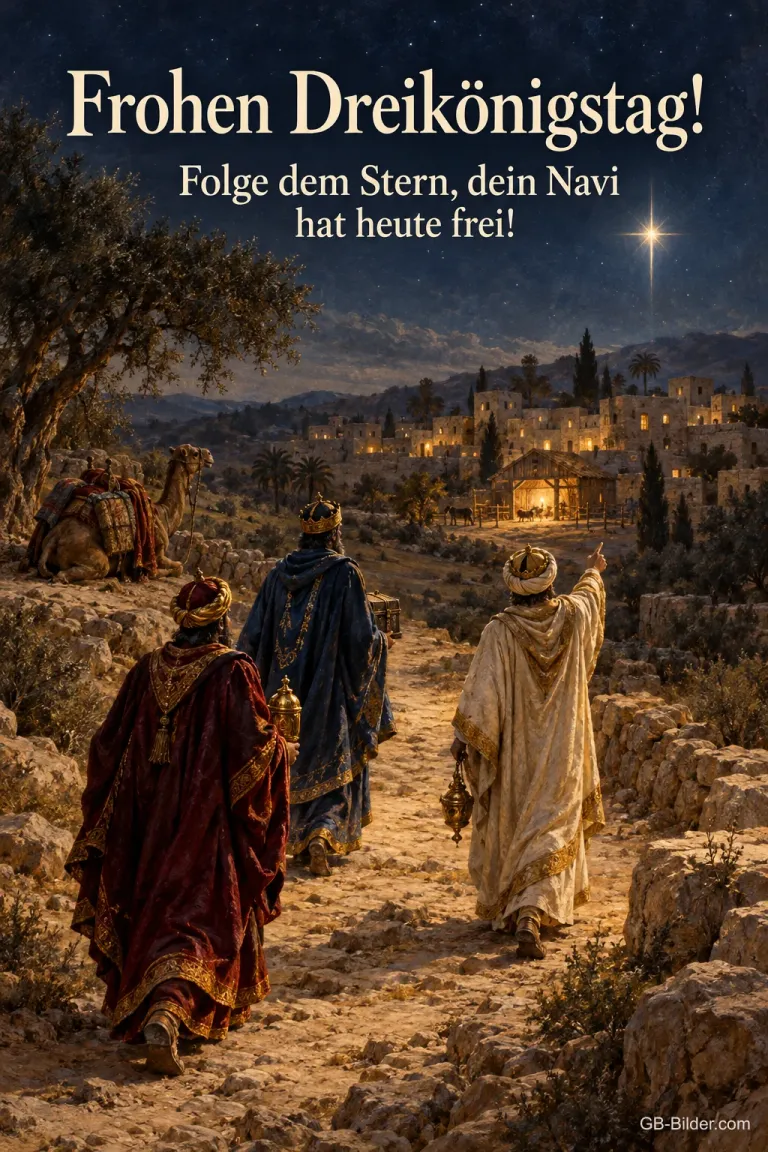 Heilige Drei Könige folgen dem Stern, Text: Frohen Dreikönigstag! Folge dem Stern, dein Navi hat heute frei!