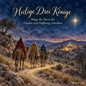 Heilige Drei Könige auf Kamelen bei Nacht, Text: Möge der Stern dir Frieden und Hoffnung schenken.