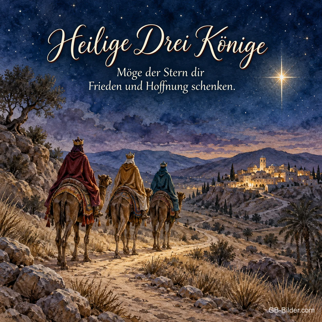 Heilige Drei Könige auf Kamelen bei Nacht, Text: Möge der Stern dir Frieden und Hoffnung schenken.