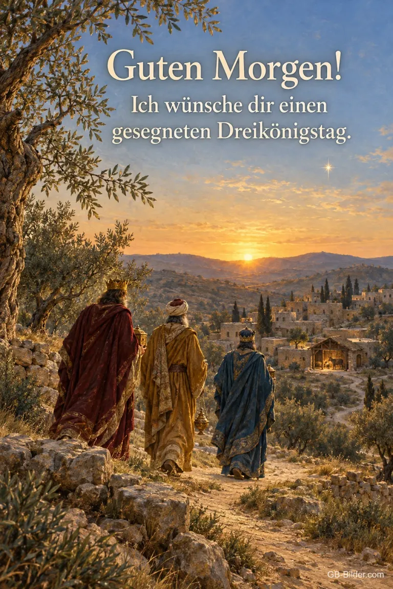 Heilige Drei Könige im Sonnenaufgang, Text: Guten Morgen! Ich wünsche dir einen gesegneten Dreikönigstag.