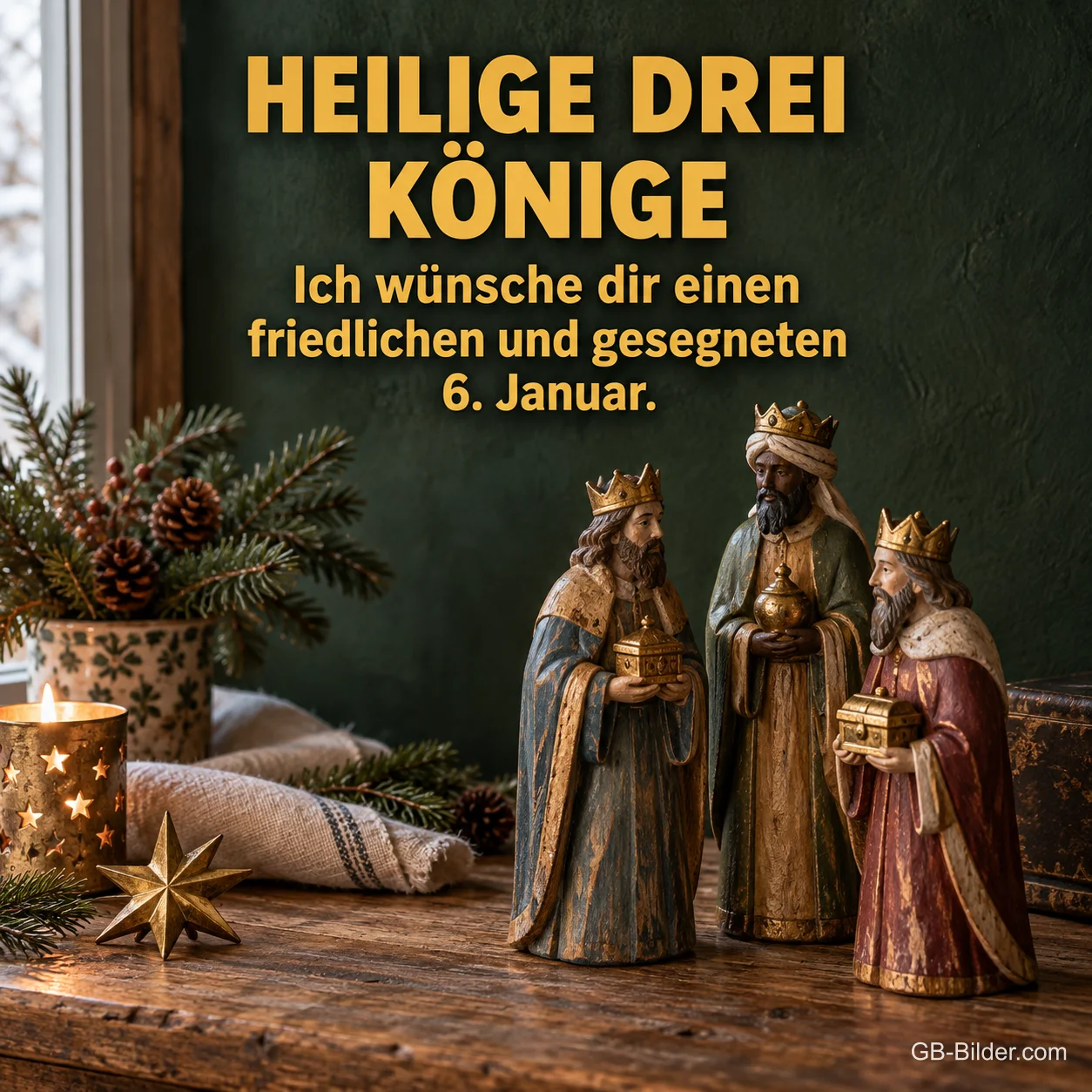 Geschnitzte Figuren der Heiligen Drei Könige, Text: Ich wünsche dir einen friedlichen und gesegneten 6. Januar.