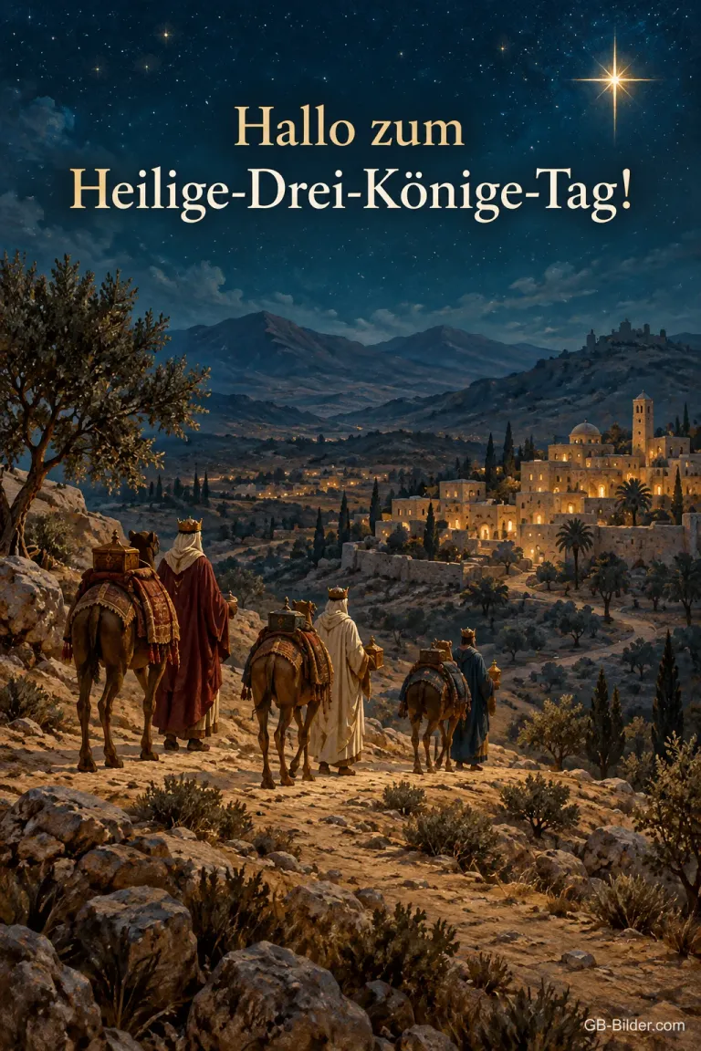 Karawane mit Kamelen unter dem Stern, Text: Hallo zum Heilige-Drei-Könige-Tag!