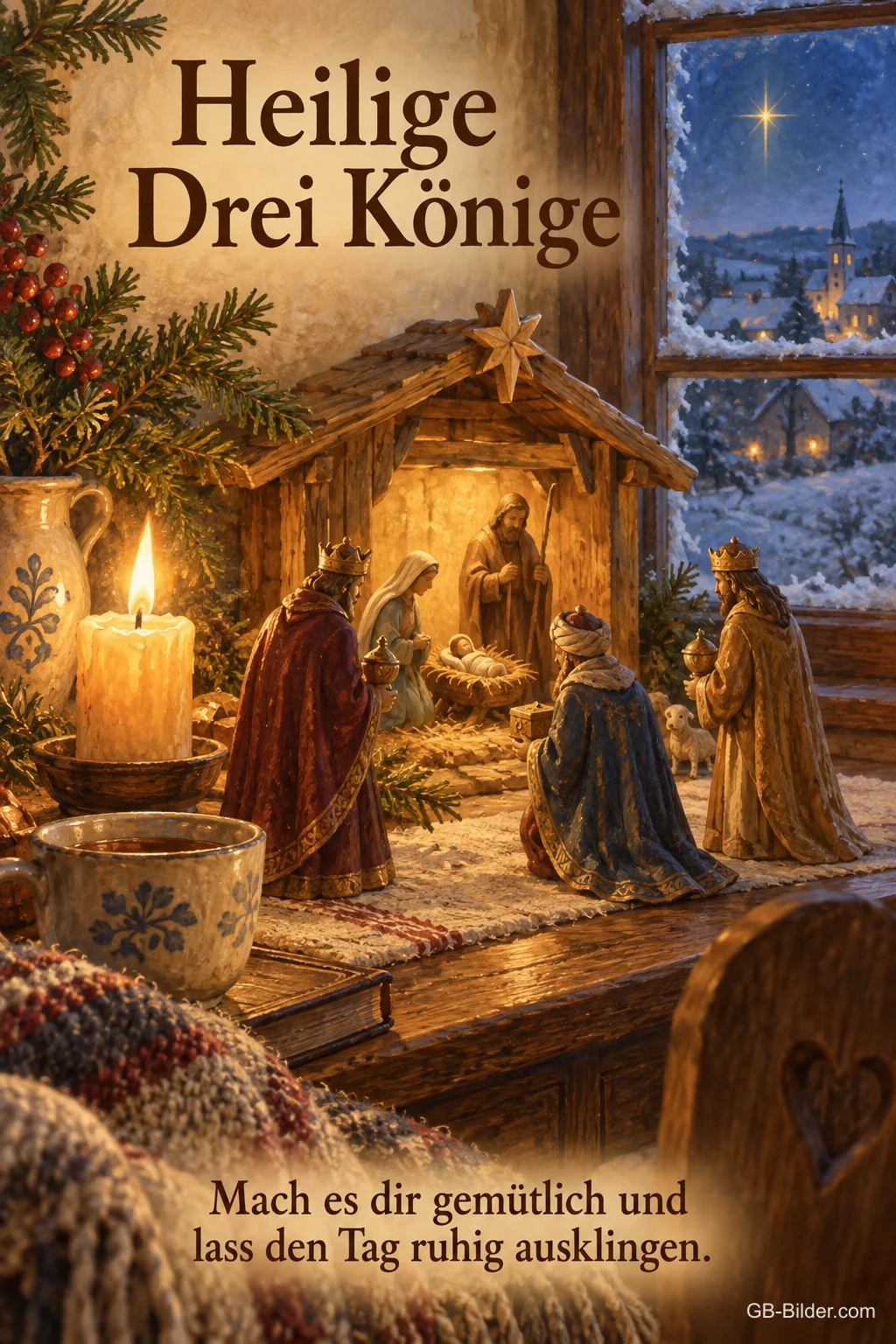 Krippe mit den Heiligen Drei Königen und Kerze, Text: Mach es dir gemütlich und lass den Tag ruhig ausklingen.