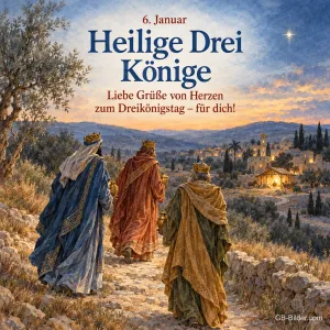 Heilige Drei Könige auf dem Weg nach Bethlehem, Text: Liebe Grüße von Herzen zum Dreikönigstag – für dich!