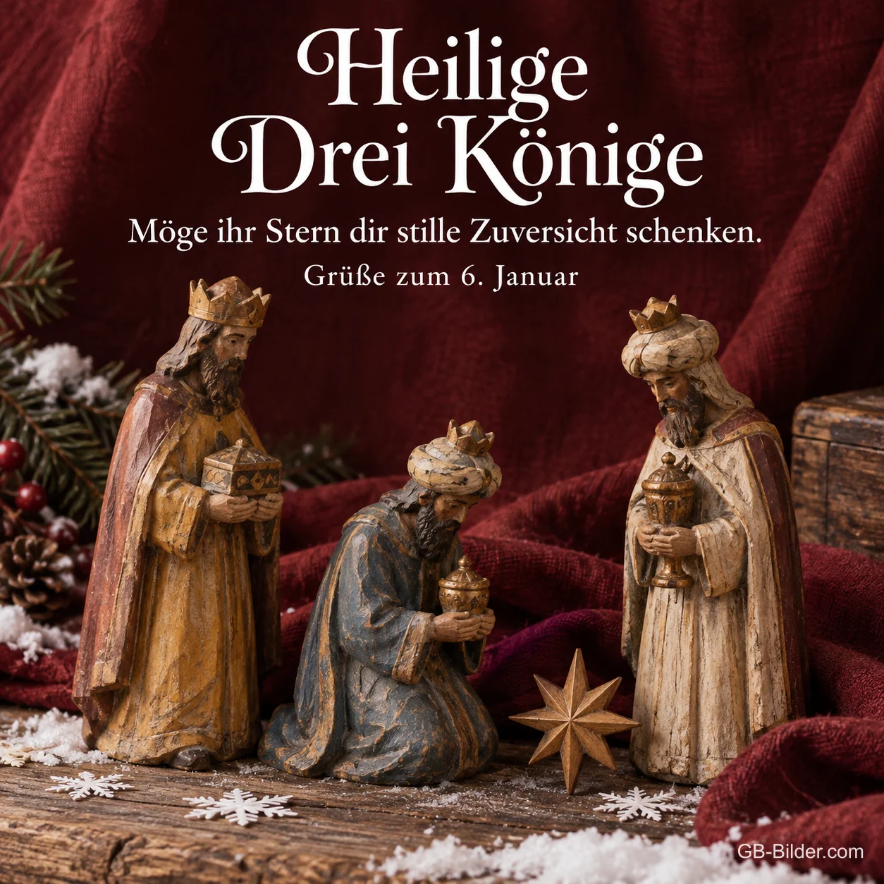 Geschnitzte Königsfiguren vor rotem Samt, Text: Möge ihr Stern dir stille Zuversicht schenken.
