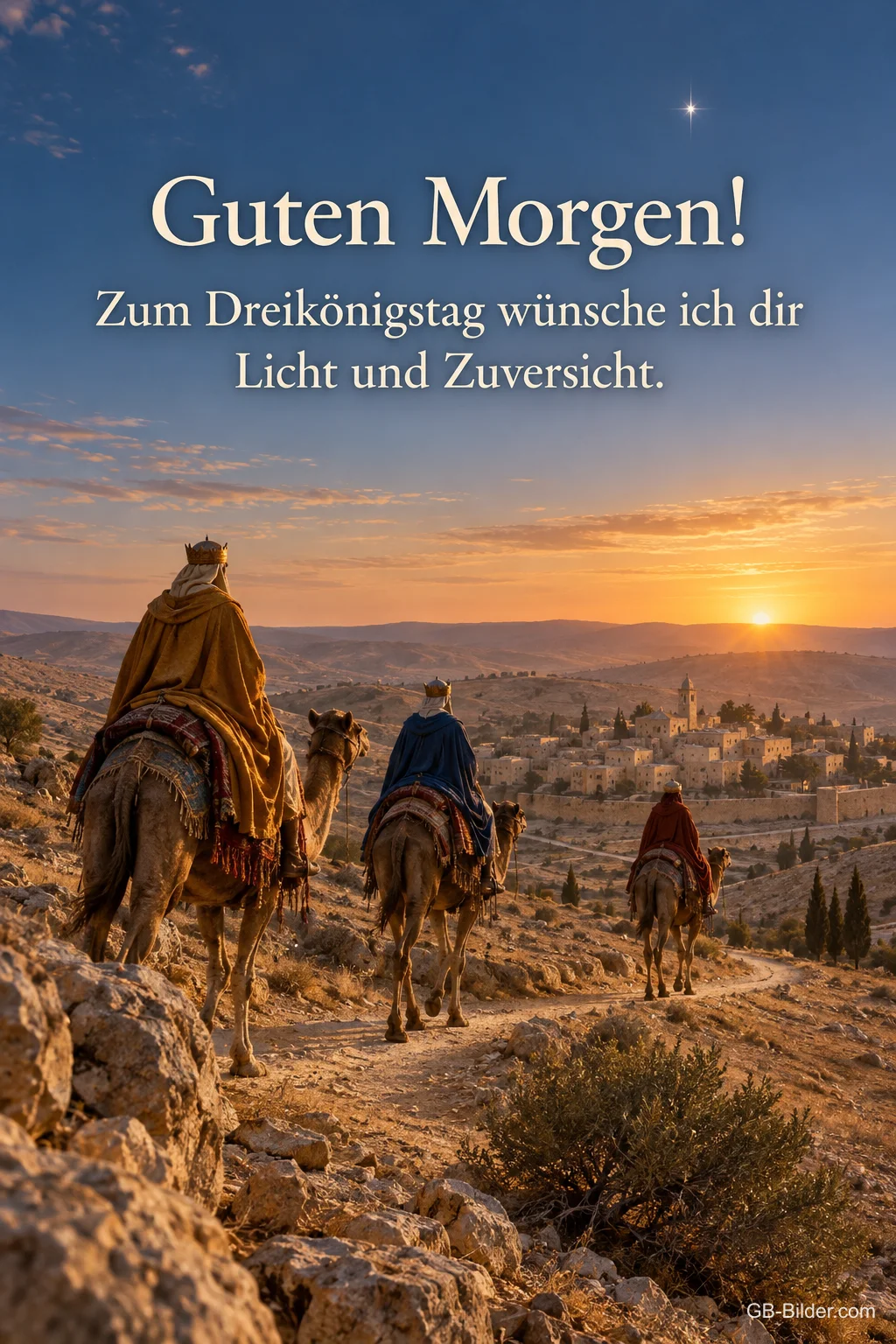 Heilige Drei Könige reiten im Sonnenaufgang, Text: Guten Morgen! Zum Dreikönigstag wünsche ich dir Licht und Zuversicht.