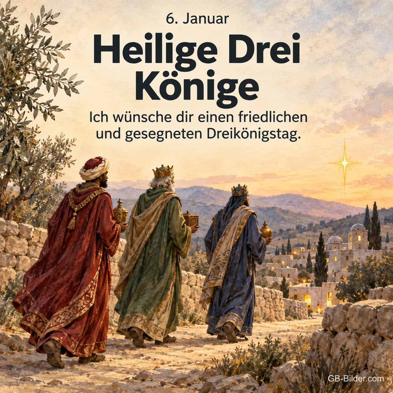 Heilige Drei Könige mit Gaben auf dem Weg, Text: Ich wünsche dir einen friedlichen und gesegneten Dreikönigstag.
