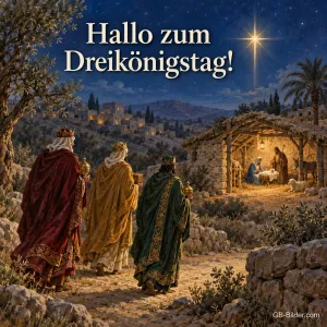 Heilige Drei Könige vor dem Stall unter dem Stern, Text: Hallo zum Dreikönigstag!