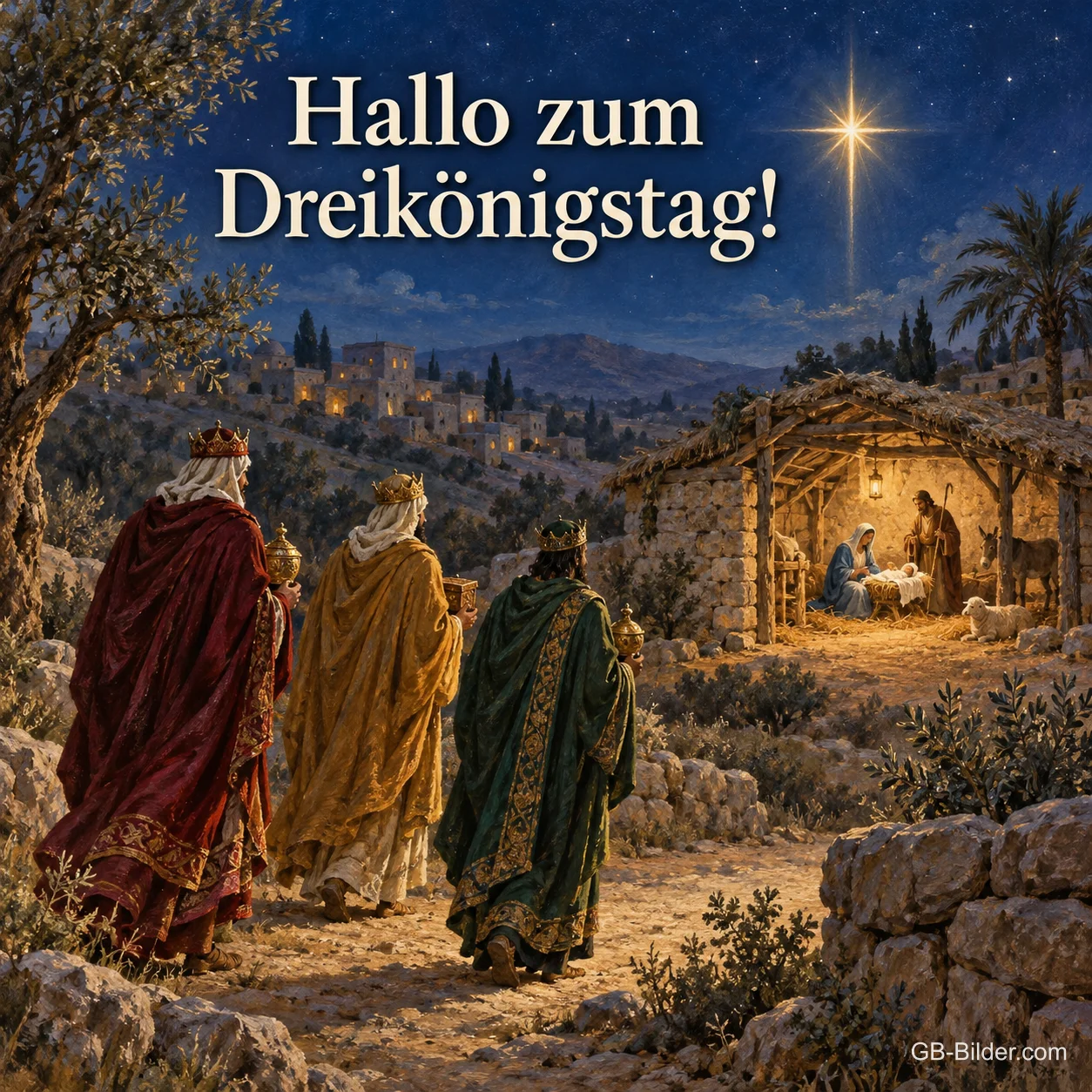 Heilige Drei Könige vor dem Stall unter dem Stern, Text: Hallo zum Dreikönigstag!