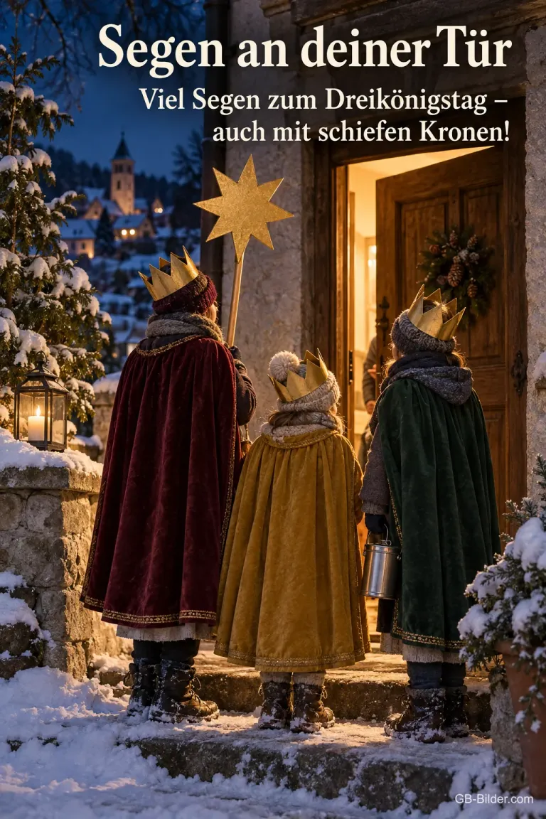 Sternsinger vor einer verschneiten Haustür, Text: Segen an deiner Tür – Viel Segen zum Dreikönigstag