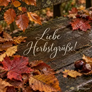 Rote und braune Herbstblätter mit Kastanien auf einer alten Holzbank, Text: Liebe Herbstgrüße!