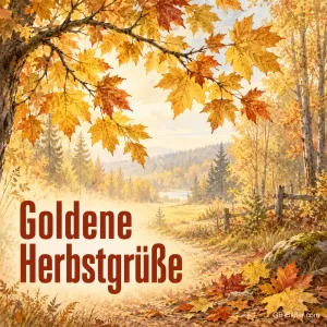 Herbstlicher Waldweg unter goldenem Ahornlaub mit Holzzaun und See, Text: Goldene Herbstgrüße