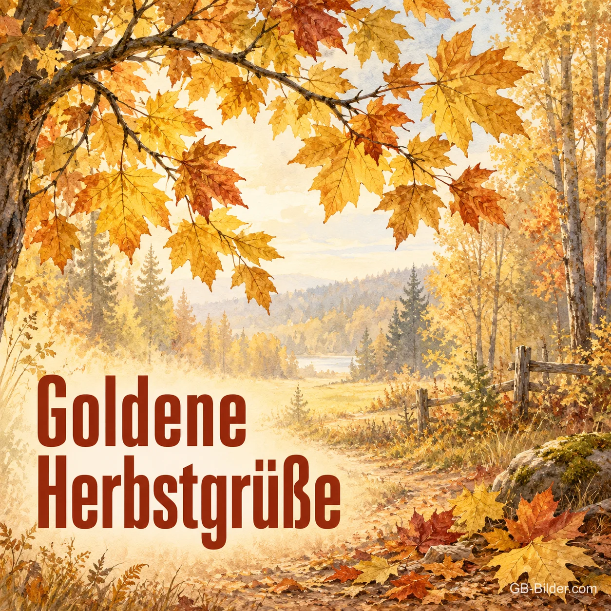 Herbstlicher Waldweg unter goldenem Ahornlaub mit Holzzaun und See, Text: Goldene Herbstgrüße Herbstlicher Waldweg unter goldenem Ahornlaub mit Holzzaun und See, Text: Goldene Herbstgrüße