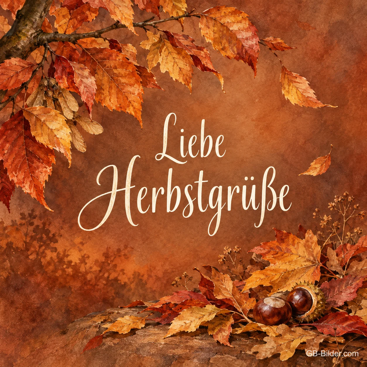 Gemaltes rotgoldenes Herbstlaub mit Kastanien, Text: Liebe Herbstgrüße Gemaltes rotgoldenes Herbstlaub mit Kastanien, Text: Liebe Herbstgrüße