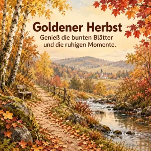 Herbstlicher Wanderweg am Bach mit Birken und Holzzaun, Text: Goldener Herbst – Genieß die bunten Blätter und die ruhigen Momente.
