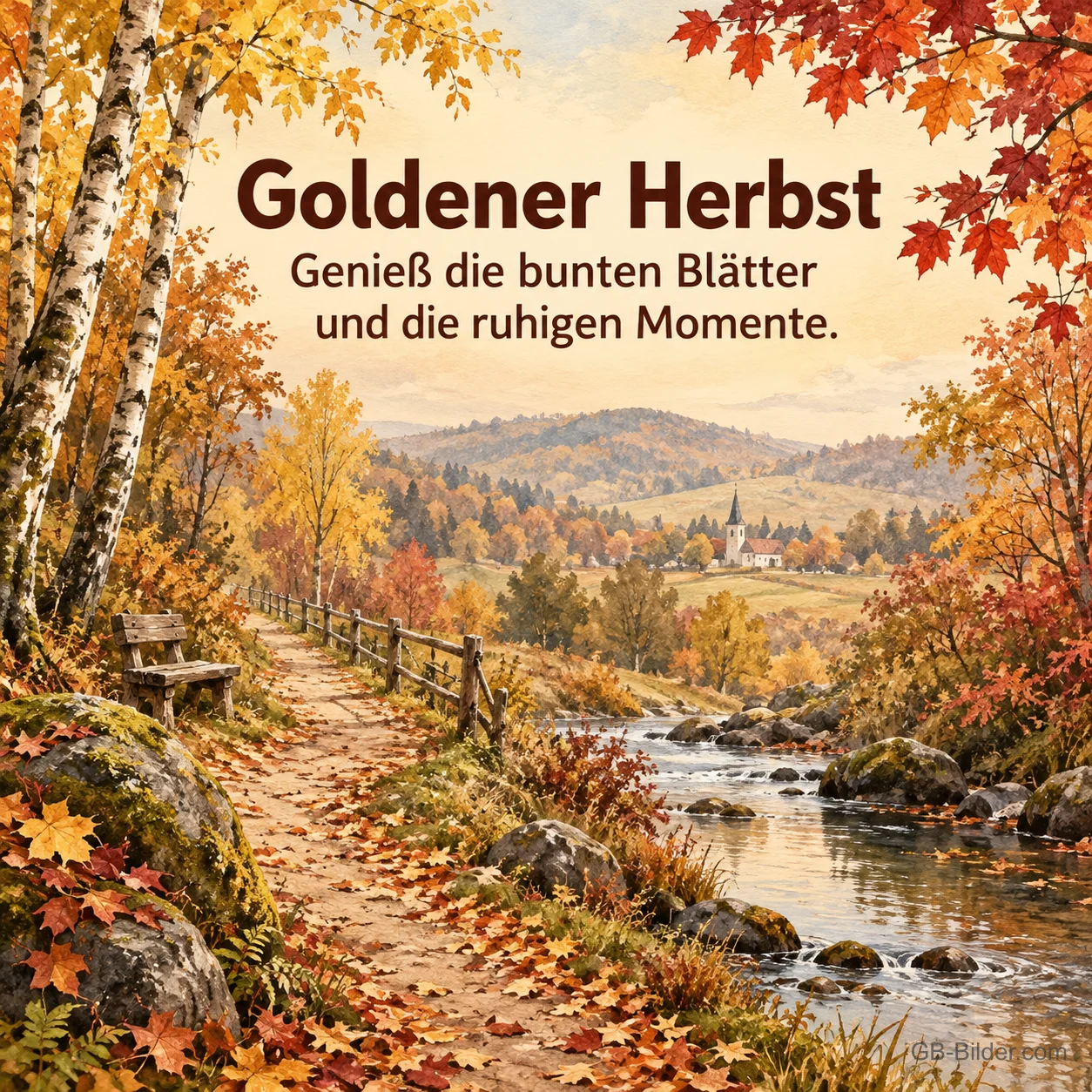 Herbstlicher Wanderweg am Bach mit Birken und Holzzaun, Text: Goldener Herbst – Genieß die bunten Blätter und die ruhigen Momente. Herbstlicher Wanderweg am Bach mit Birken und Holzzaun, Text: Goldener Herbst – Genieß die bunten Blätter und die ruhigen Momente.