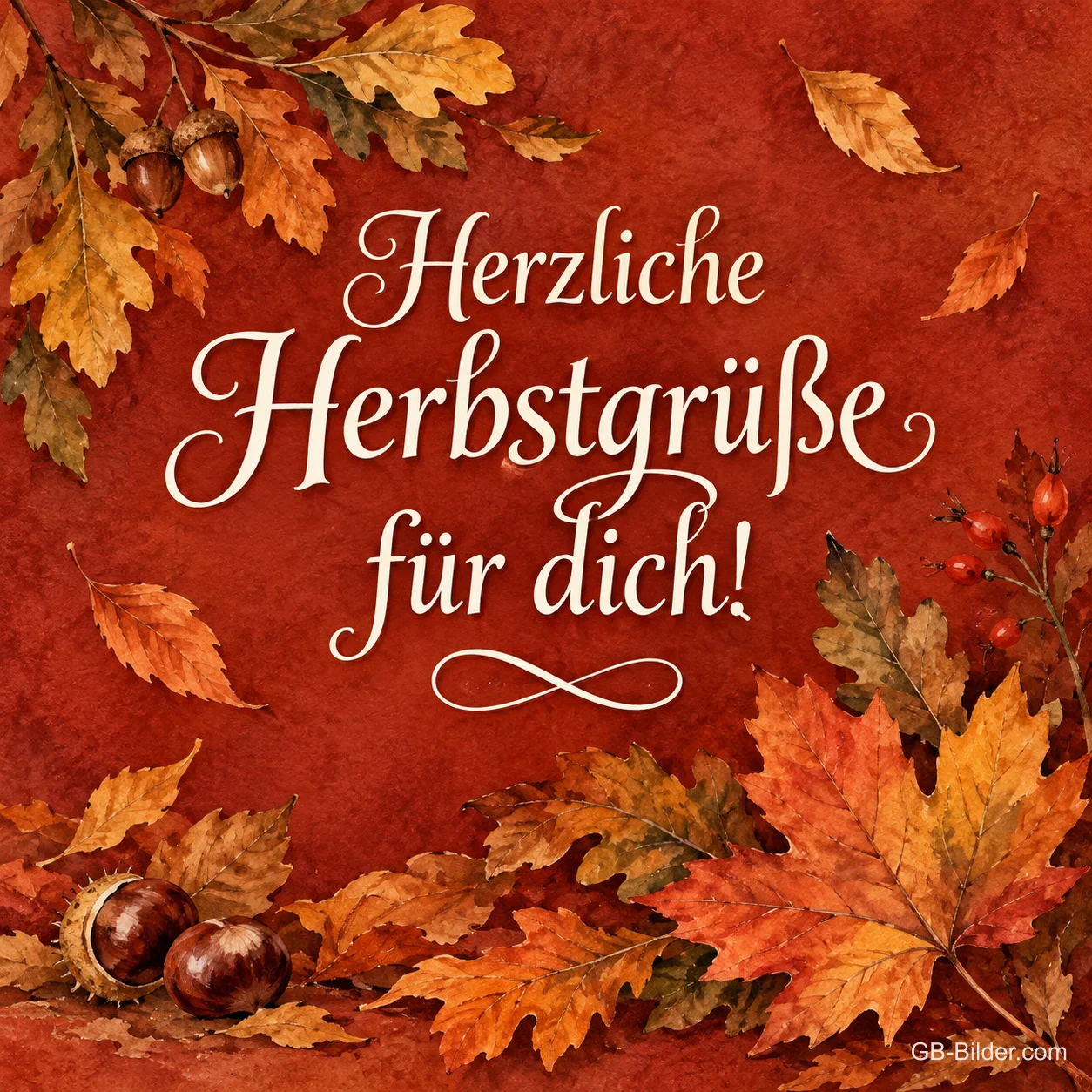 Kastanien, Eicheln und Herbstblätter auf dunkelrotem Hintergrund, Text: Herzliche Herbstgrüße für dich! Kastanien, Eicheln und Herbstblätter auf dunkelrotem Hintergrund, Text: Herzliche Herbstgrüße für dich!