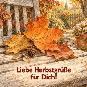 Orangefarbenes Ahornblatt auf einer verwitterten Gartenbank, Text: Liebe Herbstgrüße für Dich!