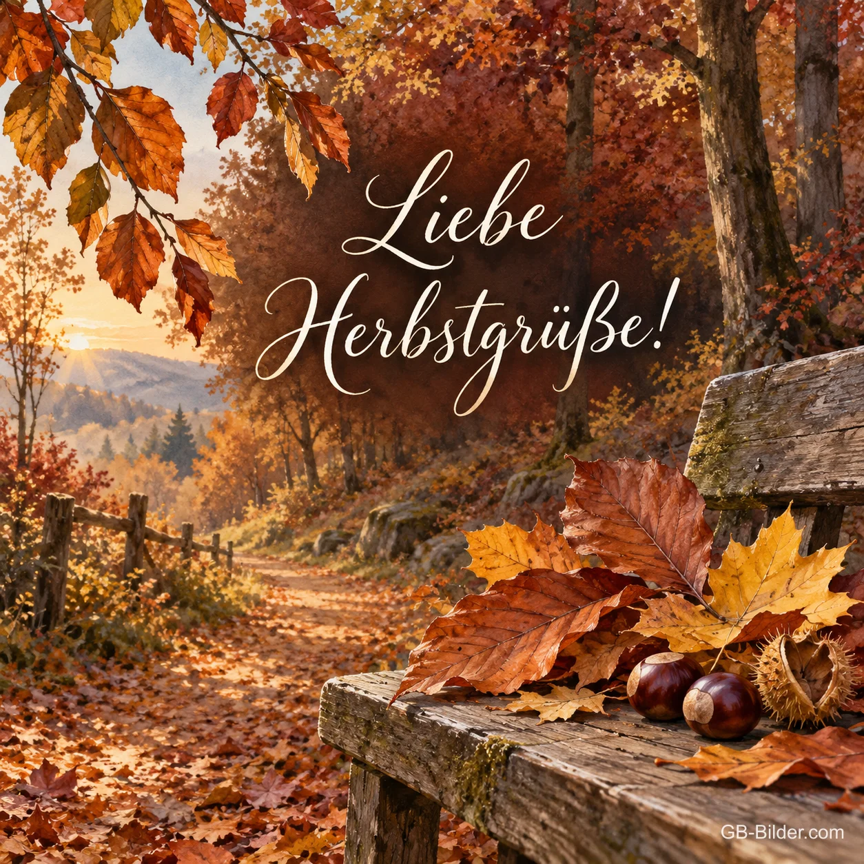 Kastanien und Herbstlaub auf einer Holzbank am Waldweg, Text: Liebe Herbstgrüße! Kastanien und Herbstlaub auf einer Holzbank am Waldweg, Text: Liebe Herbstgrüße!
