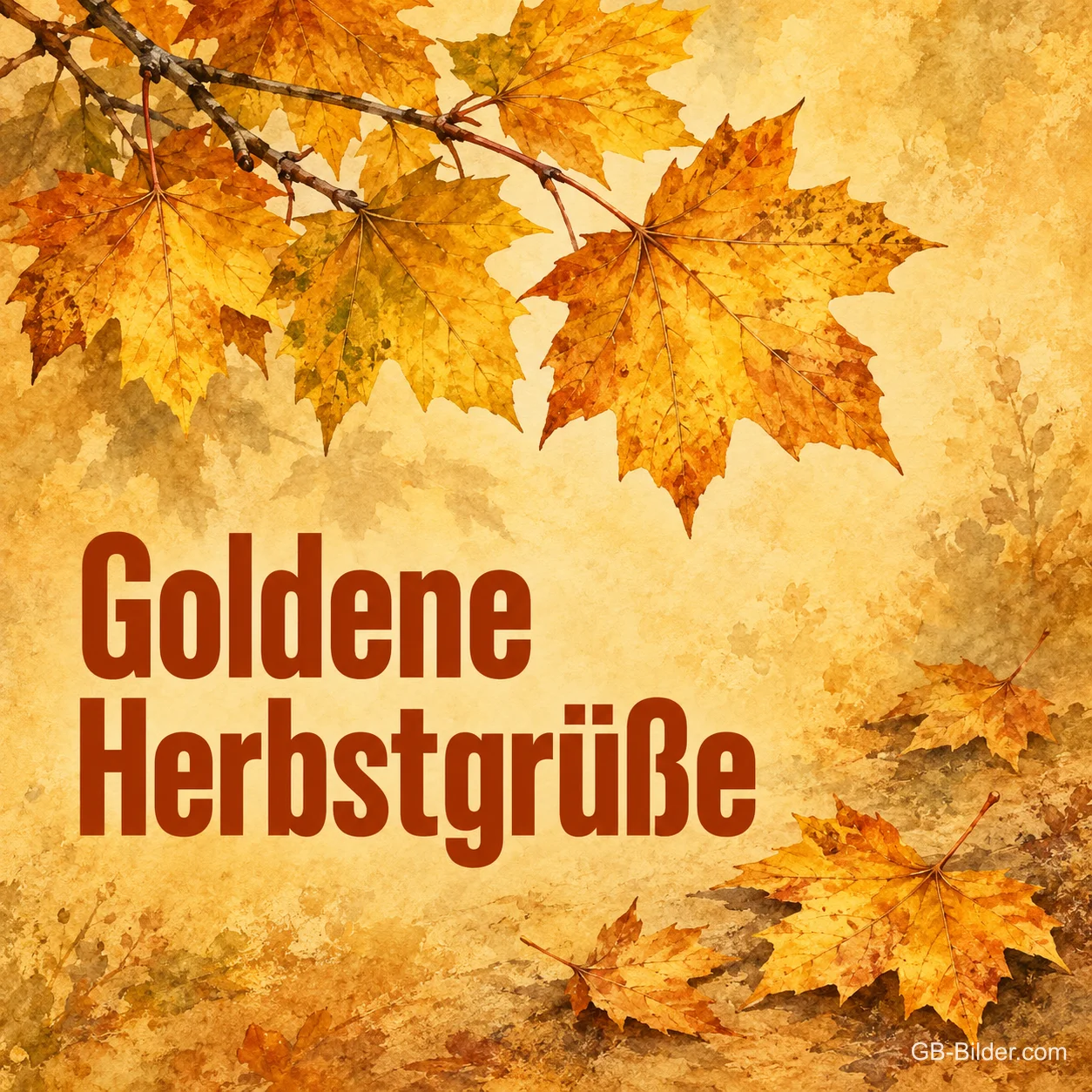 Goldgelbe Ahornblätter an einem Zweig, Text: Goldene Herbstgrüße Goldgelbe Ahornblätter an einem Zweig, Text: Goldene Herbstgrüße
