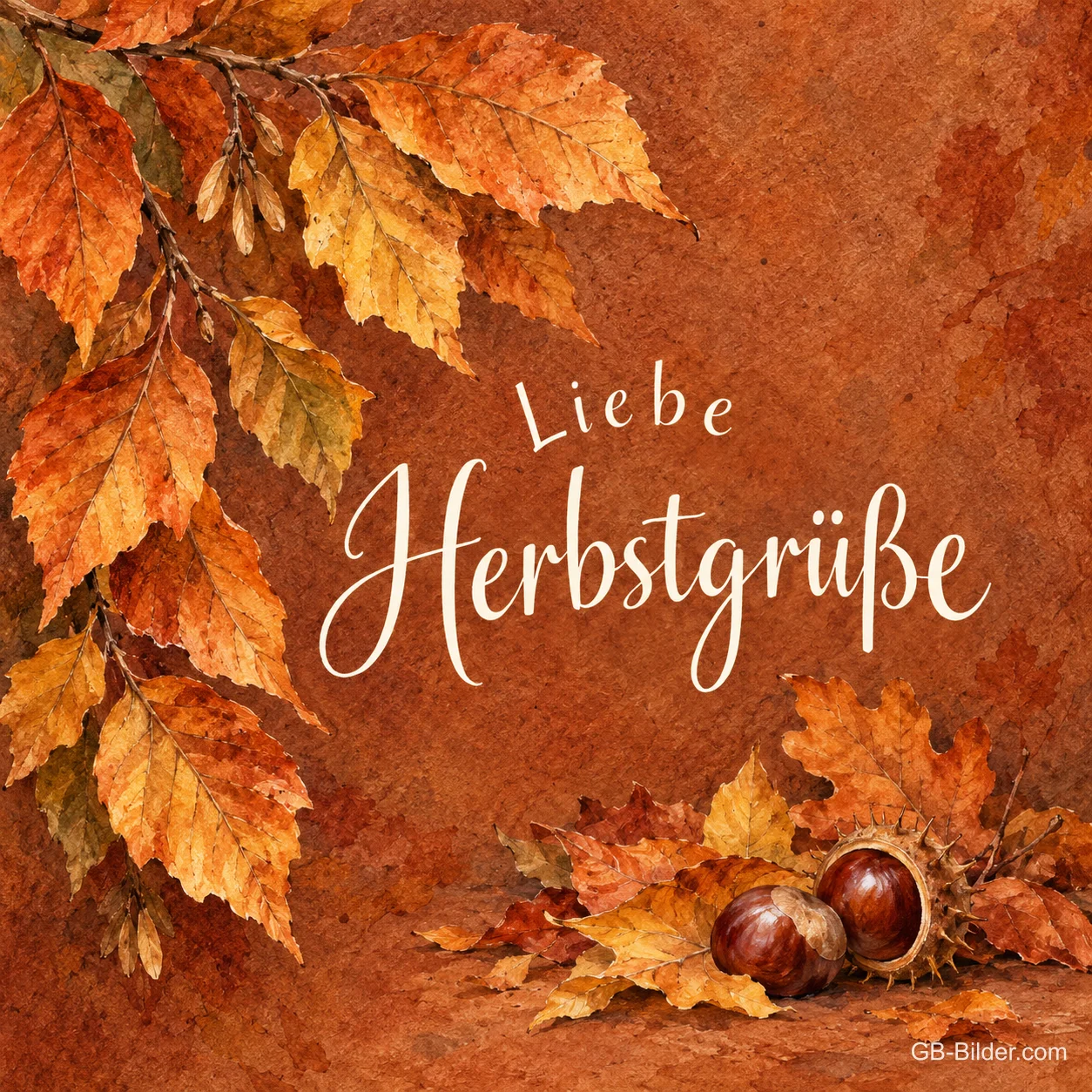 Rotes Buchenlaub mit Kastanien, Text: Liebe Herbstgrüße Rotes Buchenlaub mit Kastanien, Text: Liebe Herbstgrüße