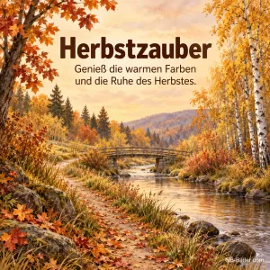Bach mit Holzbrücke in herbstlicher Landschaft, Text: Herbstzauber – Genieß die warmen Farben und die Ruhe des Herbstes.