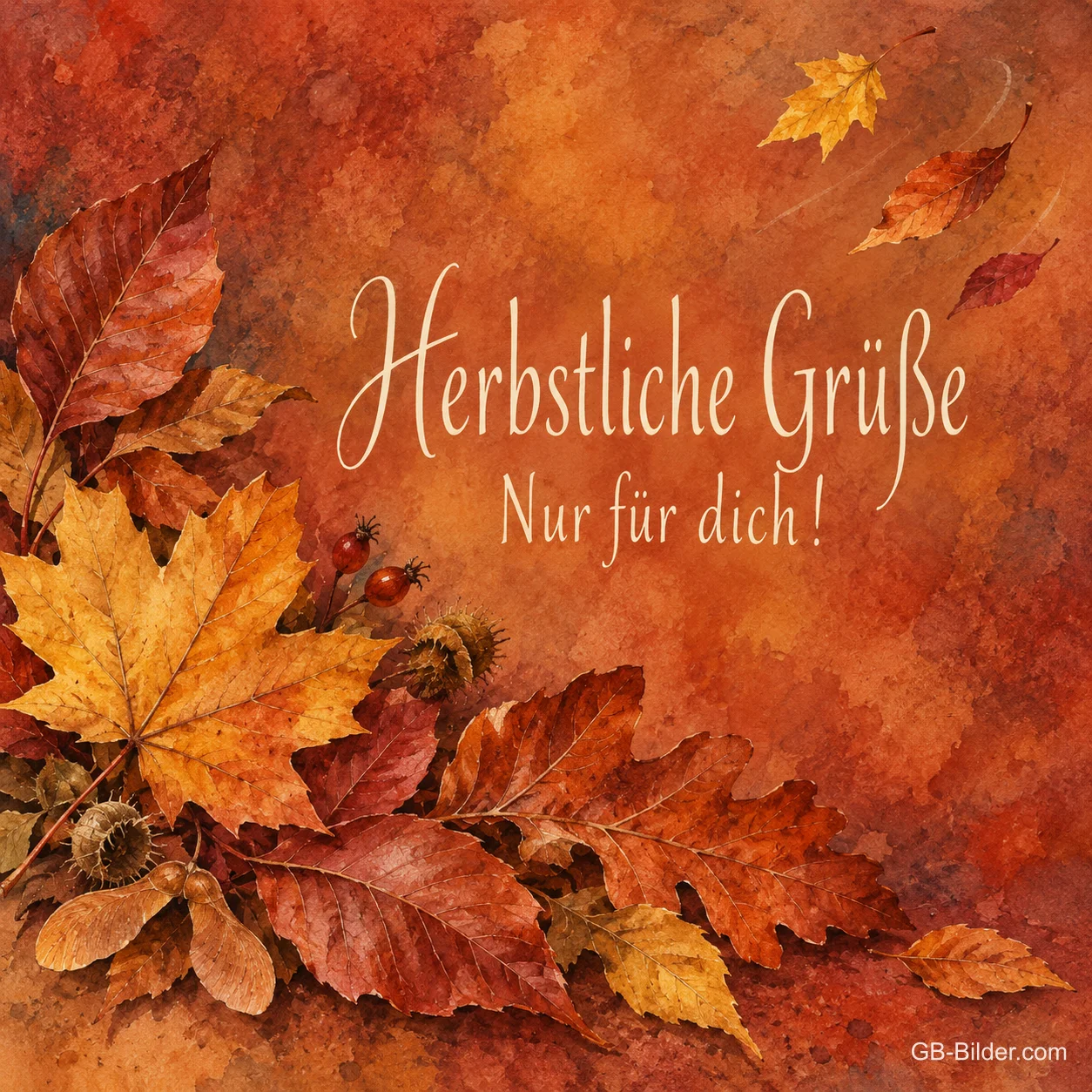 Gemalte Herbstblätter mit Hagebutten, Text: Herbstliche Grüße – nur für dich! Gemalte Herbstblätter mit Hagebutten, Text: Herbstliche Grüße – nur für dich!