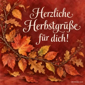 Kranz aus Herbstlaub auf dunkelrotem Grund, Text: Herzliche Herbstgrüße für dich!