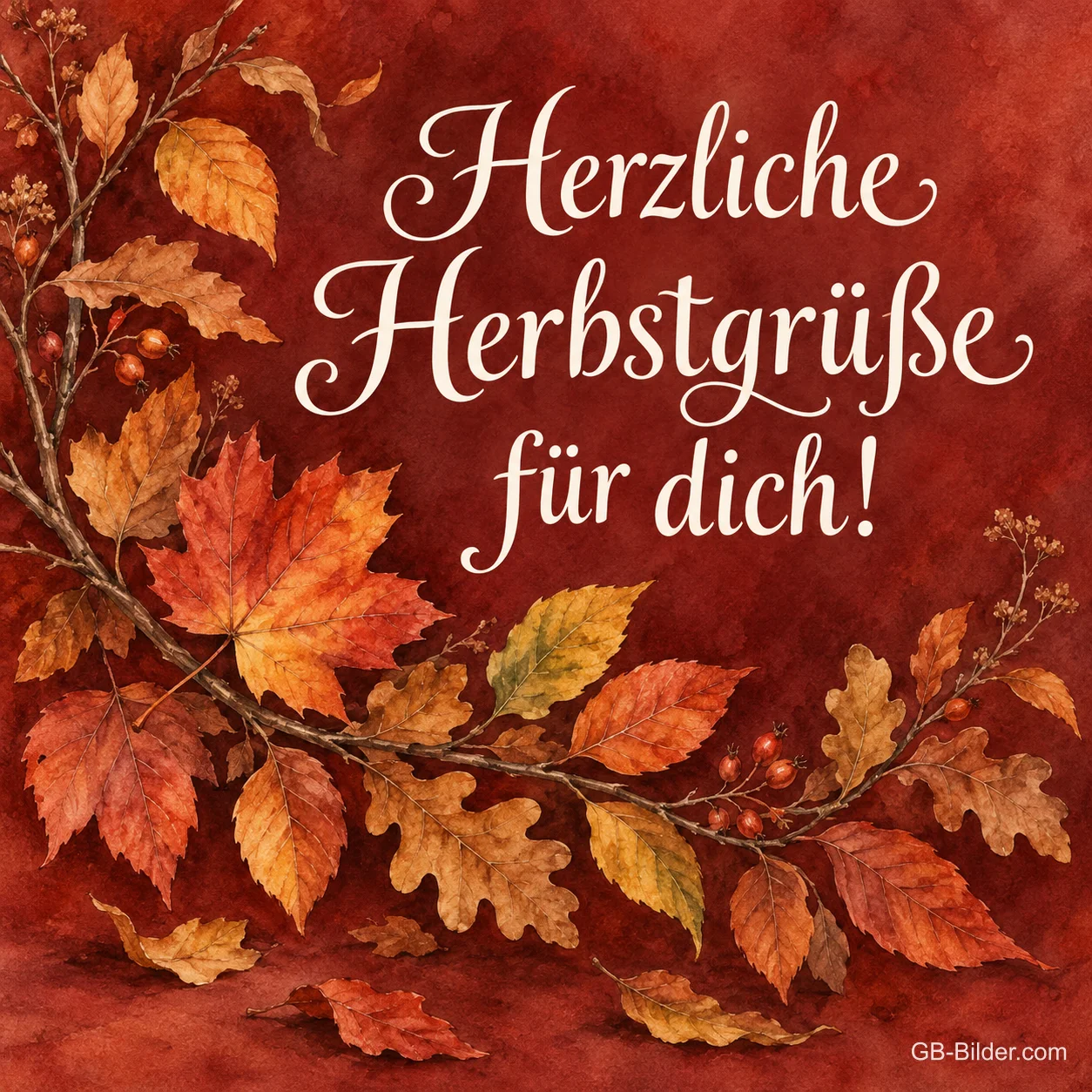 Kranz aus Herbstlaub auf dunkelrotem Grund, Text: Herzliche Herbstgrüße für dich! Kranz aus Herbstlaub auf dunkelrotem Grund, Text: Herzliche Herbstgrüße für dich!