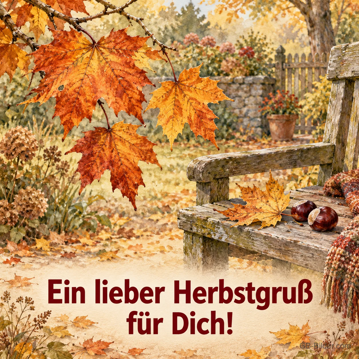 Ahornblätter über einer Gartenbank mit Kastanien, Text: Ein lieber Herbstgruß für dich! Ahornblätter über einer Gartenbank mit Kastanien, Text: Ein lieber Herbstgruß für dich!