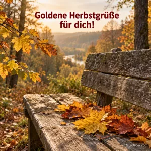 Holzbank mit Herbstlaub über einem Tal, Text: Goldene Herbstgrüße für dich!