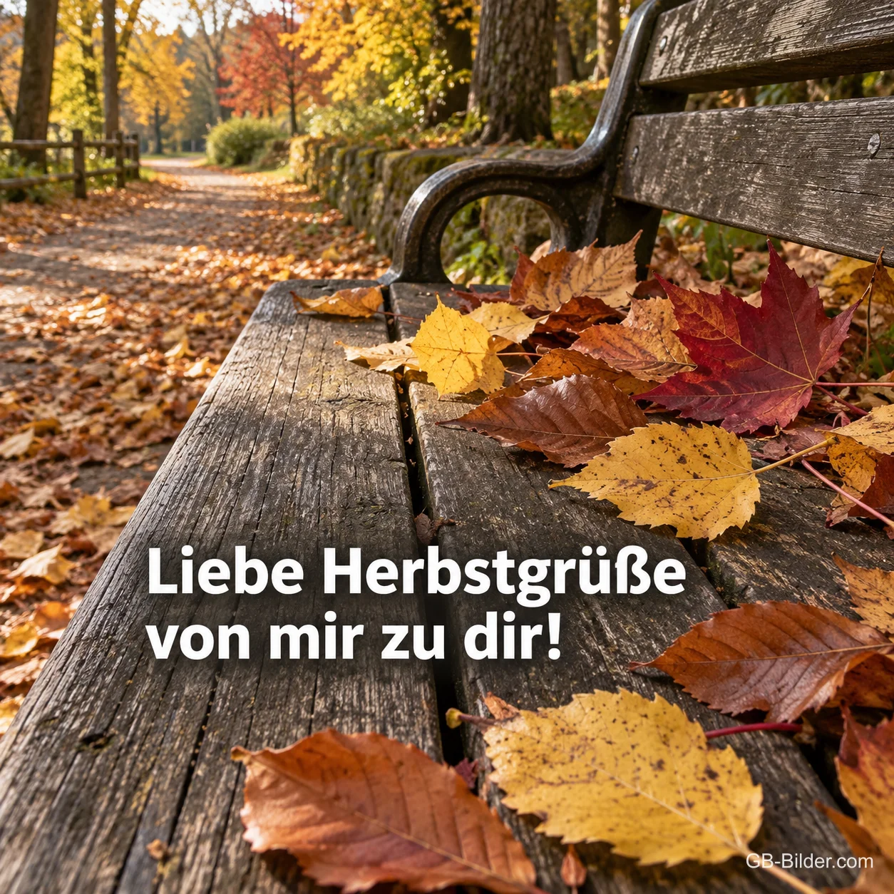 Herbstlaub auf einer Parkbank, Text: Liebe Herbstgrüße von mir zu dir! Herbstlaub auf einer Parkbank, Text: Liebe Herbstgrüße von mir zu dir!