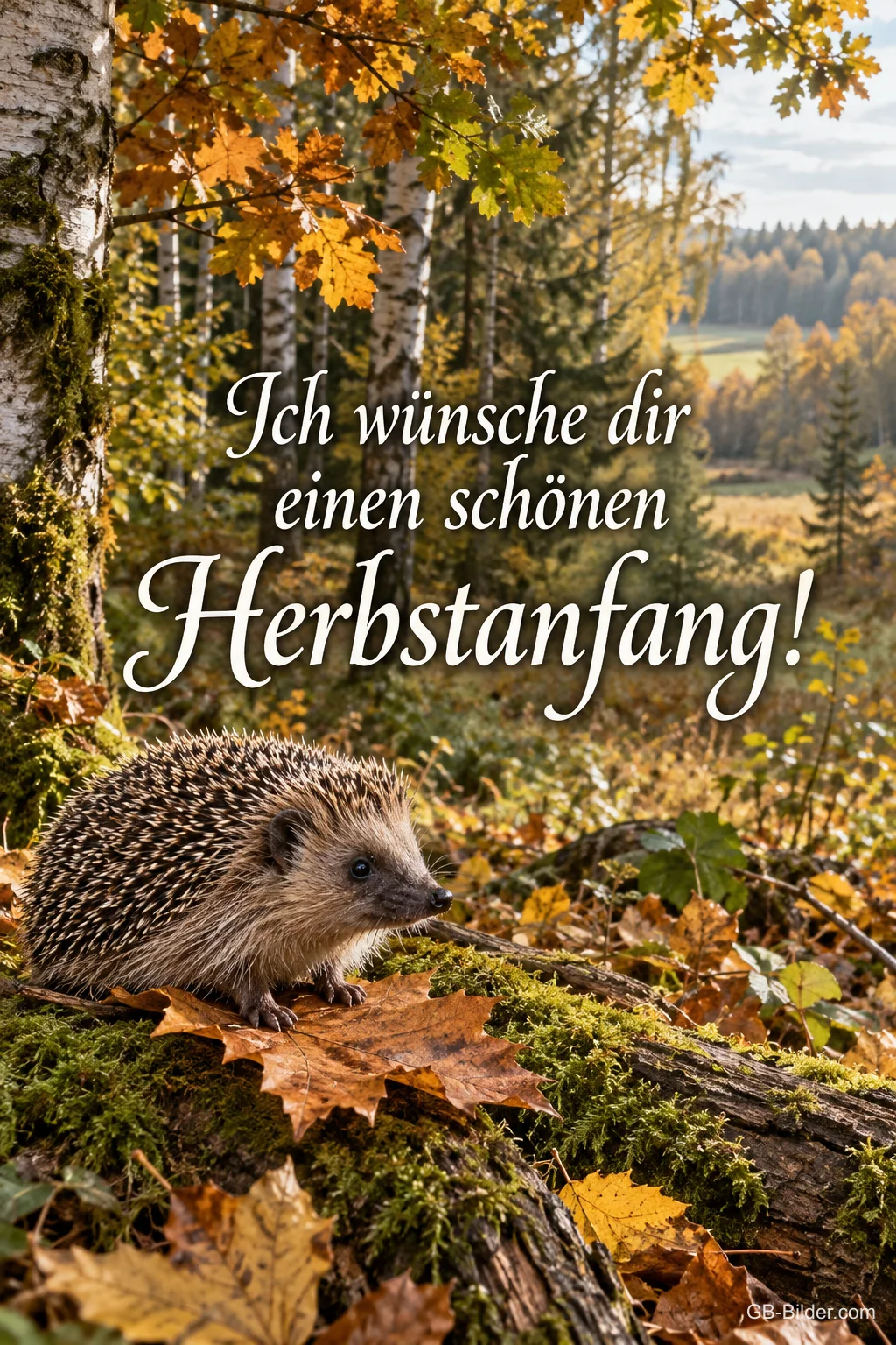 Igel im herbstlichen Wald, Text: Ich wünsche dir einen schönen Herbstanfang! Igel im herbstlichen Wald, Text: Ich wünsche dir einen schönen Herbstanfang!