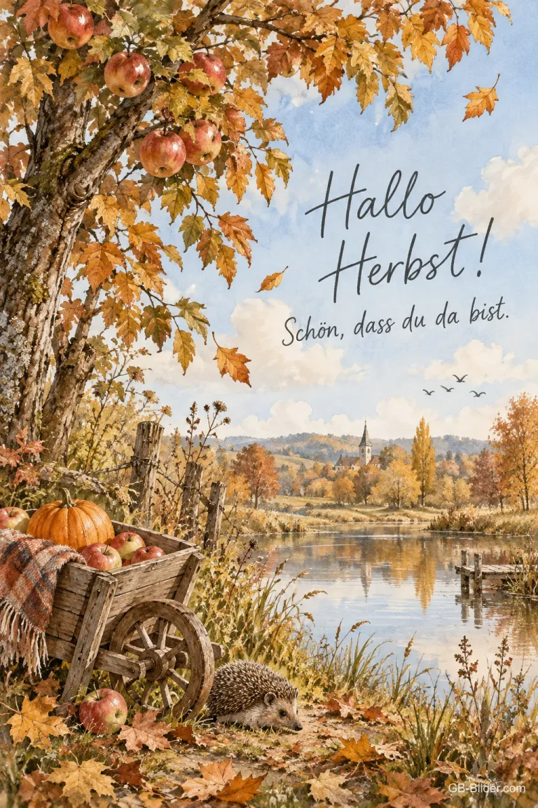 Holzkarren mit Kürbissen am See, Text: Hallo Herbst! Schön, dass du da bist.