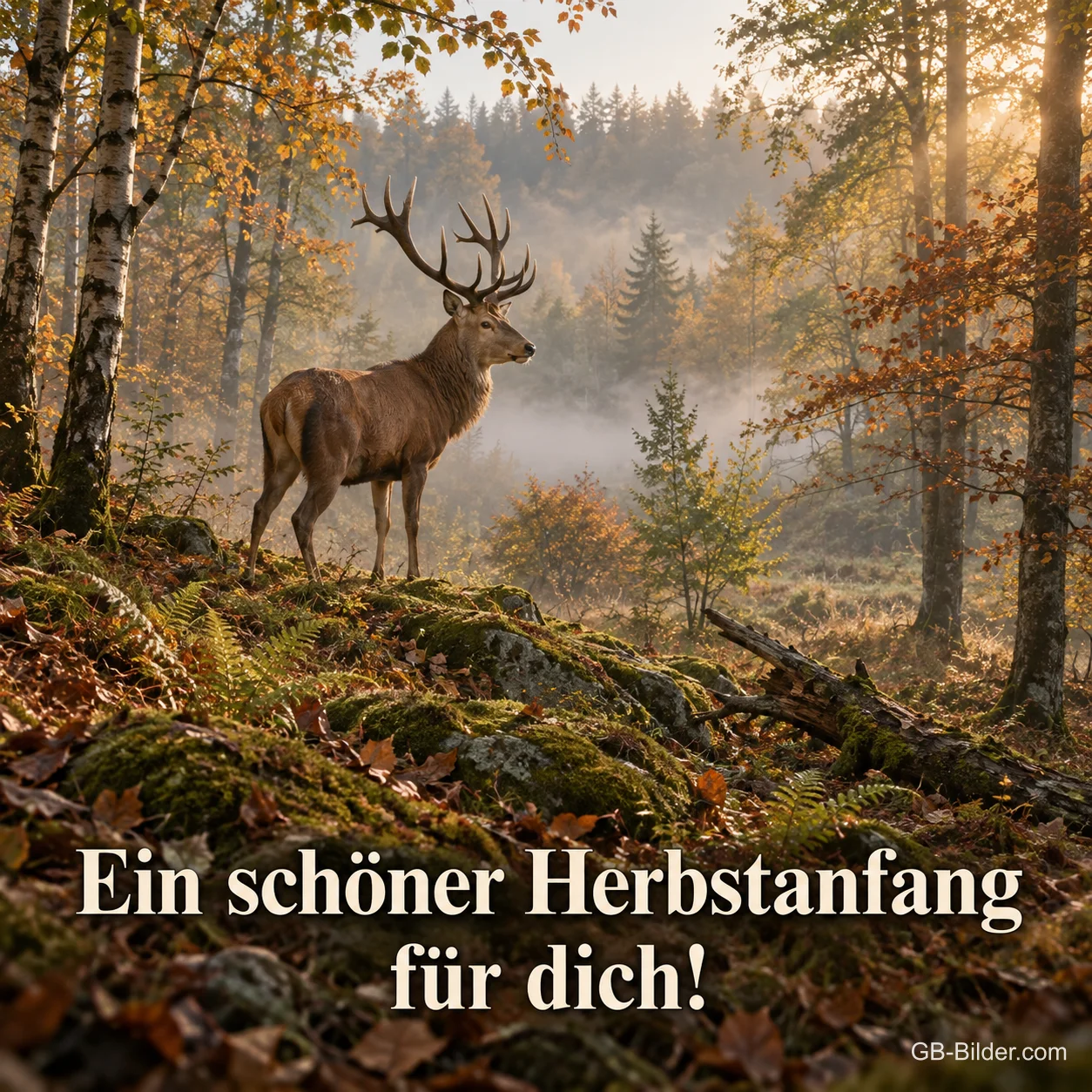 Hirsch im nebligen Herbstwald, Text: Ein schöner Herbstanfang für dich! Hirsch im nebligen Herbstwald, Text: Ein schöner Herbstanfang für dich!