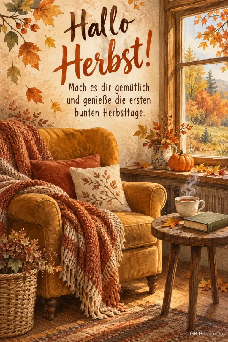 Ohrensessel am Fenster im Herbst, Text: Hallo Herbst! Mach es dir gemütlich.