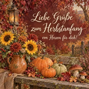 Kürbisse und Sonnenblumen auf einer Holzbank, Text: Liebe Grüße zum Herbstanfang